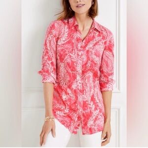 TALBOTS Cottage Coastal Grandma Spring/Summer 100% Linen Coral Paisley Blouse L